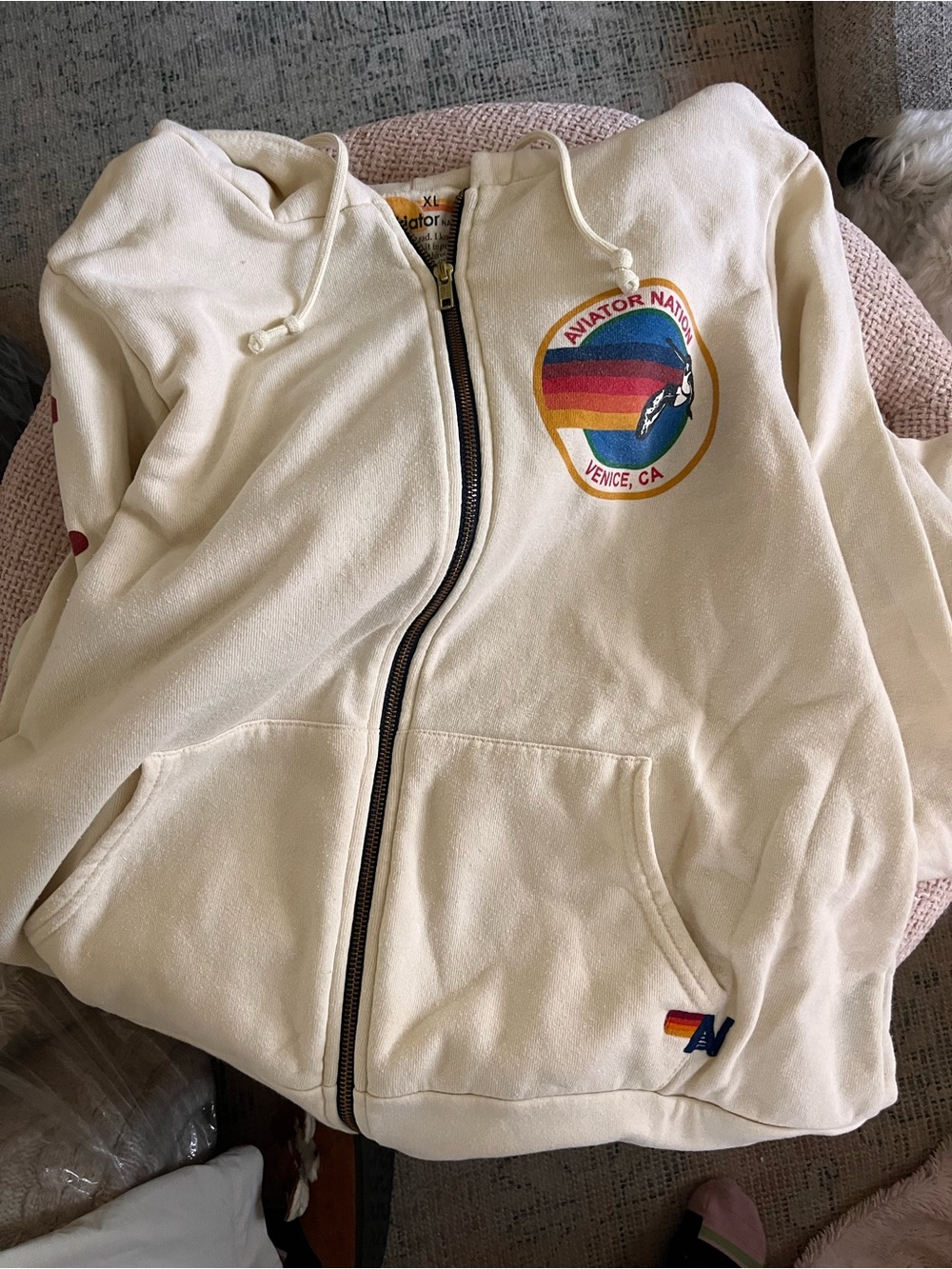 Aviator Nation Kids Cream Zip Hoodie with Retro Rainbow Patch